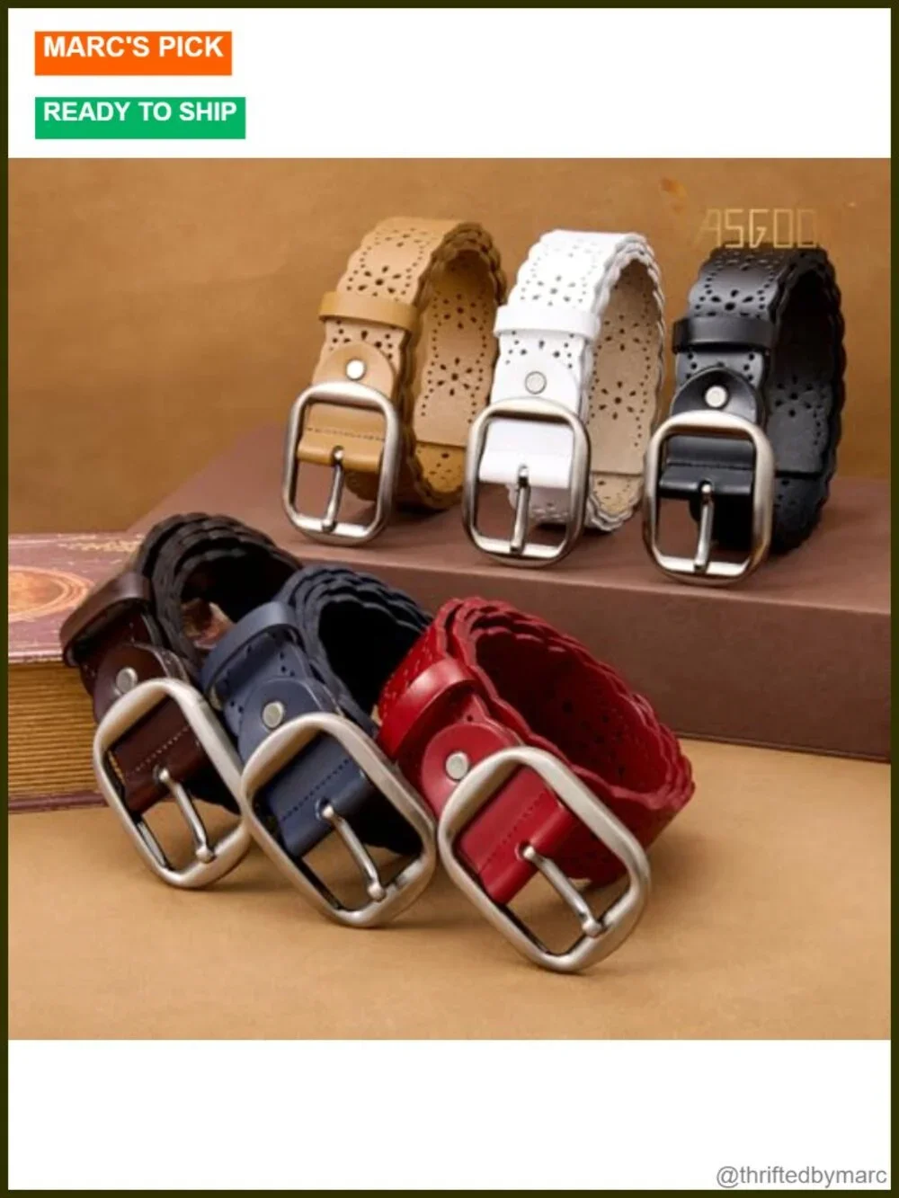 Genuine Leather Hollow Flower Wide Belt for Jeans Pants